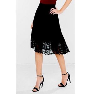 Pleated Black Midi Skirt with Lace Trim